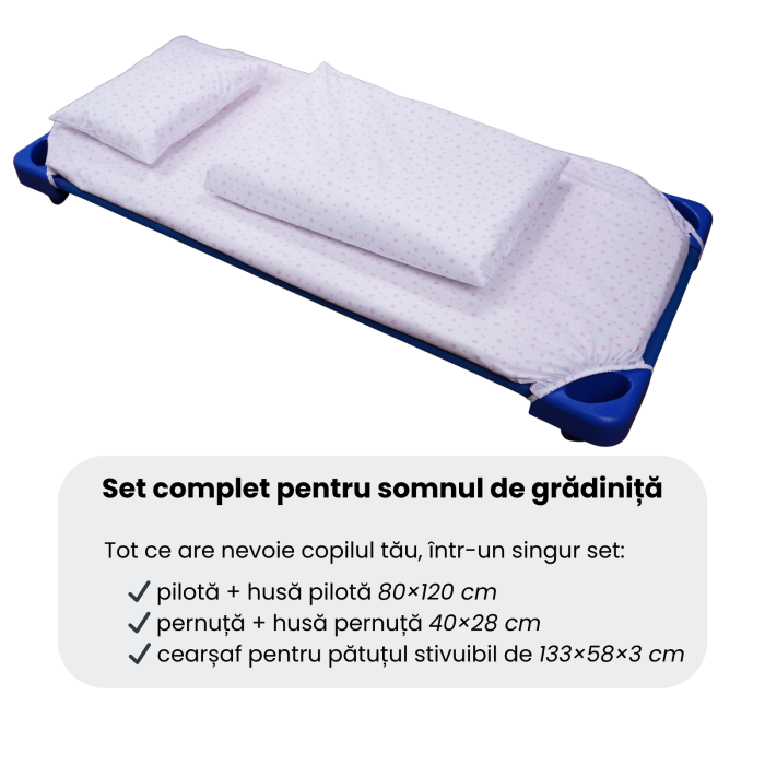 Lenjerie pat stivuibil grădiniță, 131x55x3 cm, 5 piese,set complet, bumbac 100%, confortabilă, multicolor, model Steluțe Roz [4]