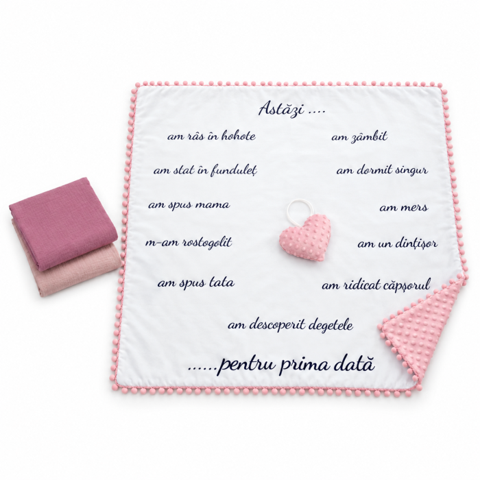Pachet Păturică aniversară "Evenimente speciale" cu minky roz pal și Set 2 museline din bumbac organic 100% roz prăfuit și roz închis, 80x80 cm [2]