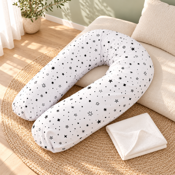 Pachet pernă pentru gravide, model Steluțe negre + muselină albă din bumbac organic [2]