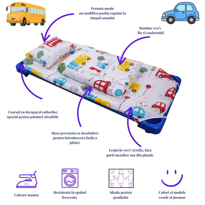 Pachet Set lenjerie 3 piese  bumbac 100% patut stivuibil model Masinute + protectie impermeabila [4]