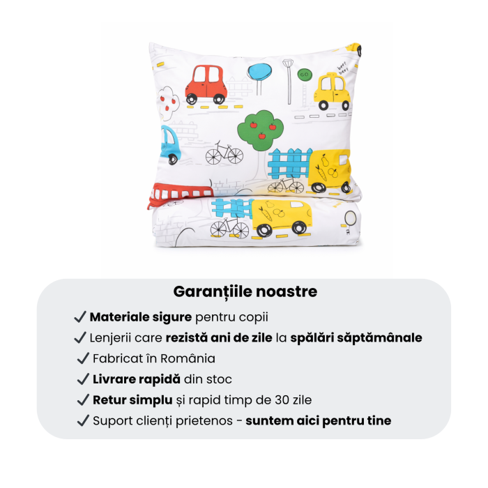 Pachet Set lenjerie 3 piese  bumbac 100% patut stivuibil model Masinute + protectie impermeabila [5]