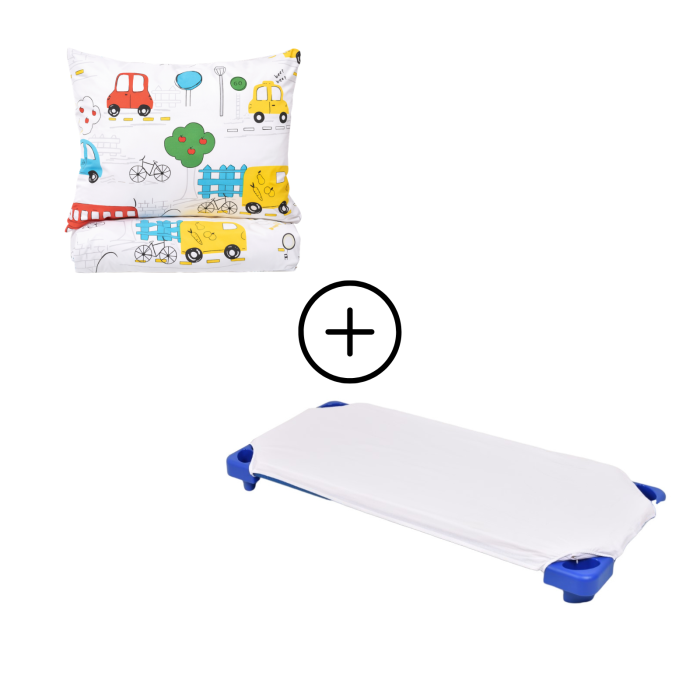 Pachet Set lenjerie 3 piese  bumbac 100% patut stivuibil model Masinute + protectie impermeabila [2]