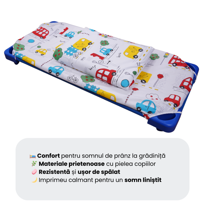 Pachet Set lenjerie 3 piese model masinuțe patut stivuibil + saltea patut stivuibil + protectie impermeabila [5]