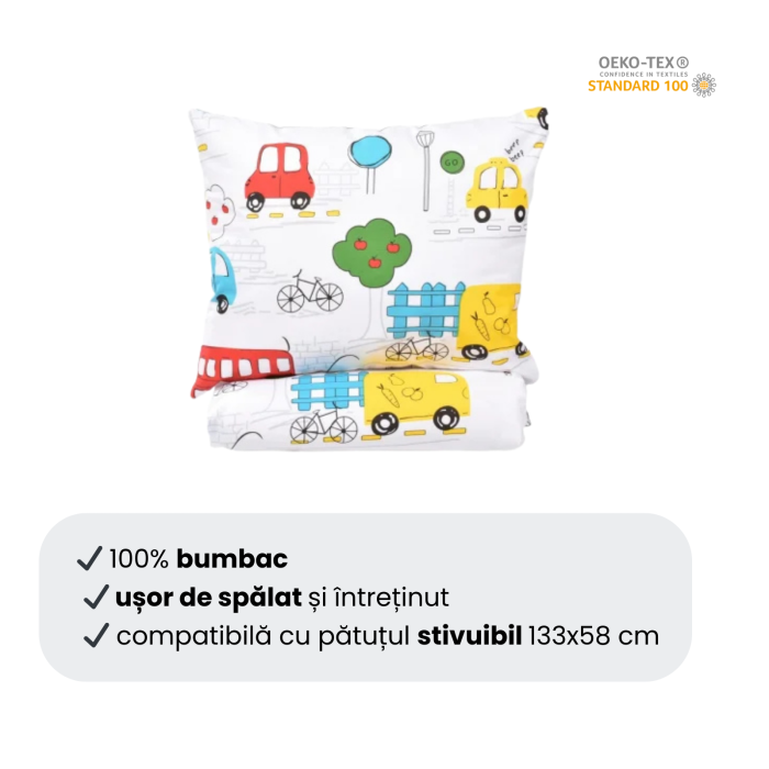Pachet Set lenjerie 3 piese model masinuțe patut stivuibil + saltea patut stivuibil + protectie impermeabila [3]