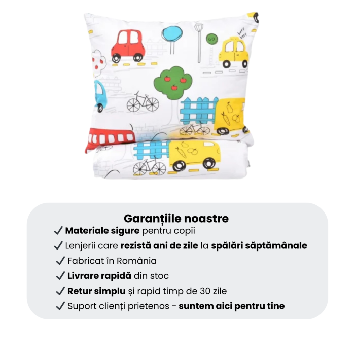 Pachet Set lenjerie 3 piese model masinuțe patut stivuibil + saltea patut stivuibil + protectie impermeabila [6]