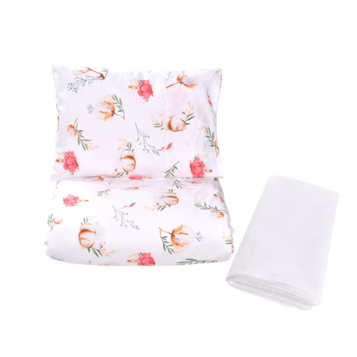 Pachet Set lenjerie 3 piese pătuț incastrabil flori de bumbac + protecție impermeabilă [3]