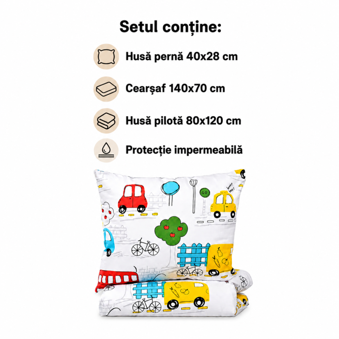 Pachet Set lenjerie 3 piese patut incastrabil masinute + protectie impermeabila [3]