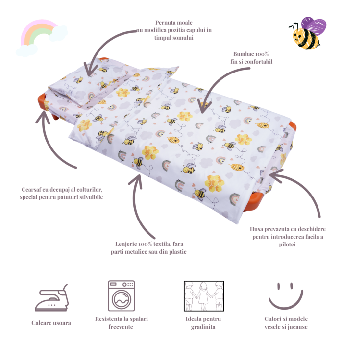 Pachet Set lenjerie 3 piese patut stivuibil 131x55x3 cm, bumbac 100% model albinute+ protectie impermeabila [4]