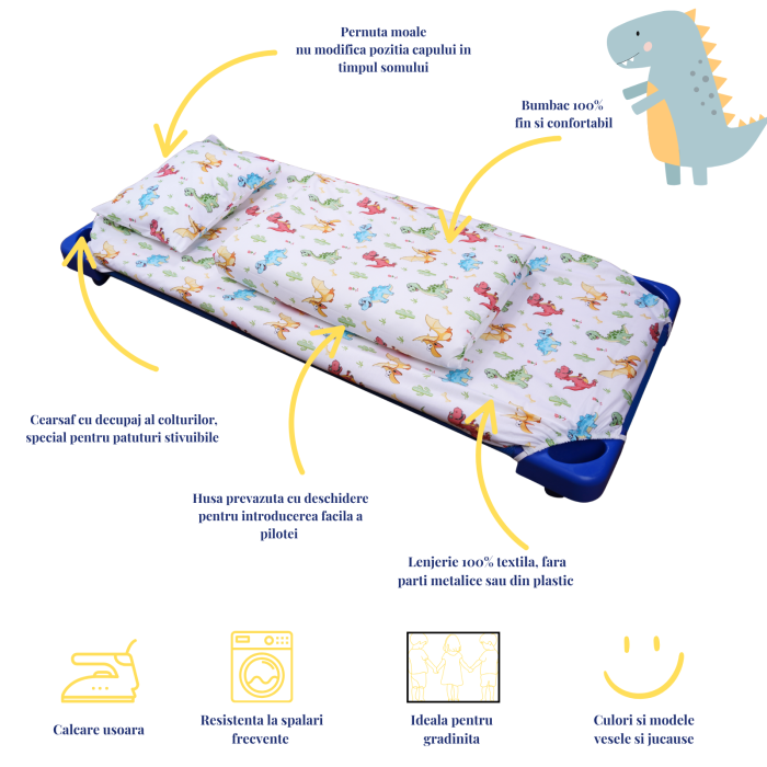 Pachet Set lenjerie 3 piese patut stivuibil model dinozauri + protectie impermeabila [4]