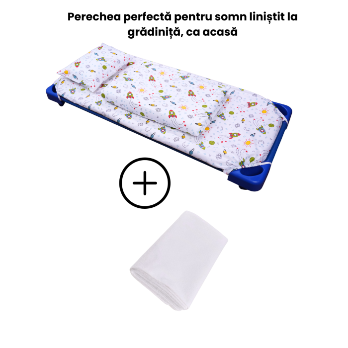 Pachet Set lenjerie 3 piese bumbac 100%, pătuț stivuibil model rachete + protecție impermeabilă [4]