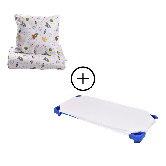 Pachet Set lenjerie 3 piese bumbac 100%, pătuț stivuibil model rachete + protecție impermeabilă [2]