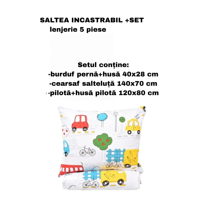 Pachet Set lenjerie 5 piese patut incastrabil model masinute + saltea patut incastrabil [3]