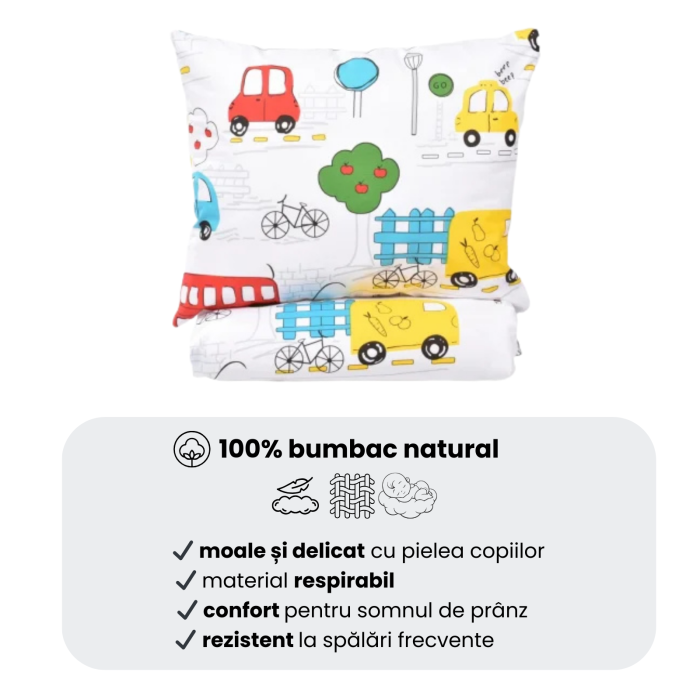 Pachet Set lenjerie 5 piese patut incastrabil model masinute + saltea patut incastrabil [5]