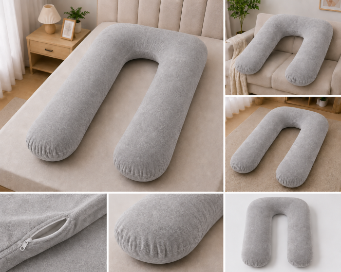 Pernă gravide 3 in 1, Multifuncțională, Alăptare, Forma de U, Husă detașabilă, 110 cm, Catifea, gri [2]