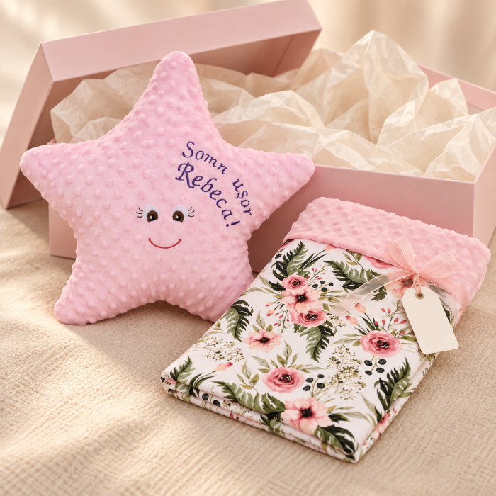 Set cadou personalizat „Vis floral” – pernuță steluță și păturică [2]