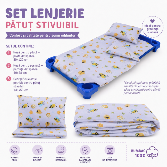 Set complet Lenjerie 5 piese pătuț stivuibil, bumbac 100%, model albinuțe cu aripioare bleu [4]