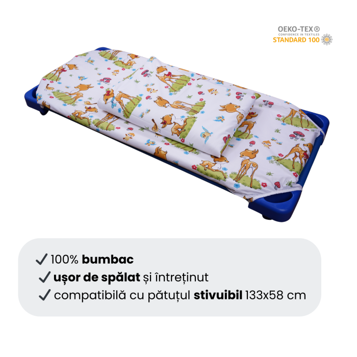 Set complet lenjerie 5 piese pentru patut stivuibil gradinita model caprioare [4]