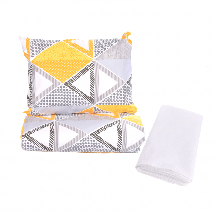 Set complet lenjerie 5 piese pentru patut incastrabil gradinita model forme geometrice si bumbac galben [3]