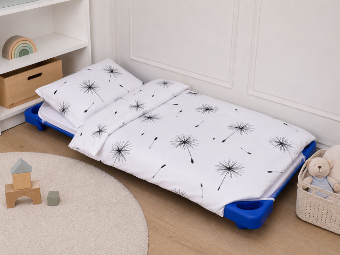 Set complet lenjerie 5 piese pentru patut stivuibil gradinita model papadii monocrom [2]