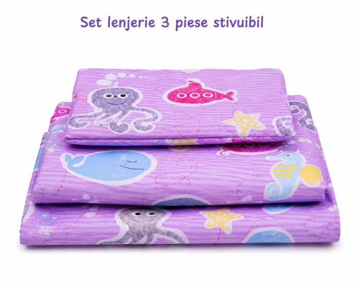 Set lenjerie 3 piese bumbac 100%, pentru pătuț stivuibil grădiniță, model Caracatiță mov-ediție limitată [3]