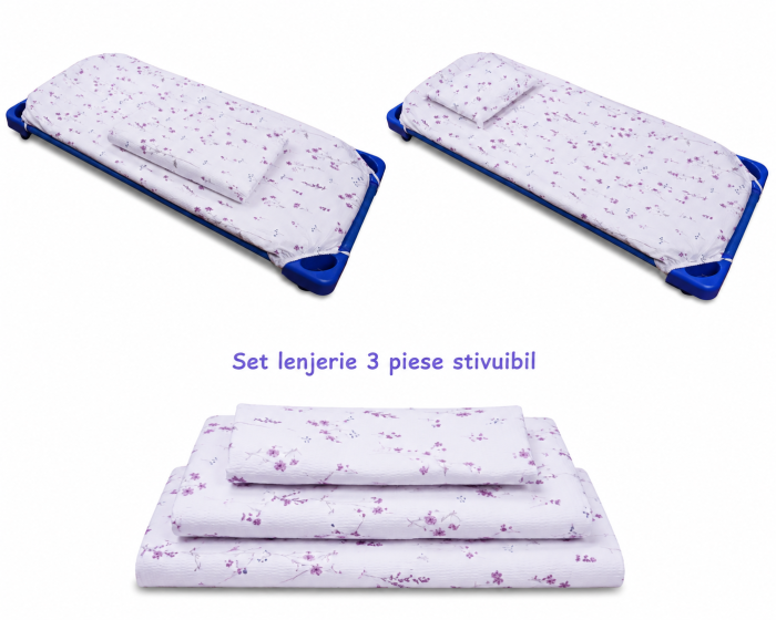 Set lenjerie 3 piese bumbac 100%, pentru pătuț stivuibil grădiniță, model creponat cu flori mov-ediție limitată [2]