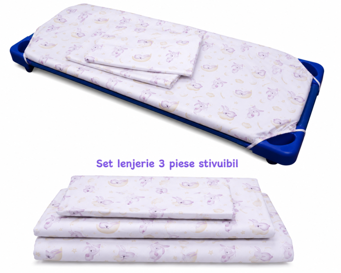 Set lenjerie 3 piese bumbac 100%, pentru pătuț stivuibil grădiniță, model Iepurași mov-ediție limitată [2]