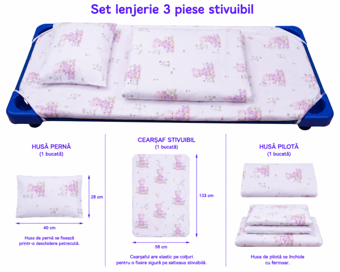 Set lenjerie 3 piese bumbac 100%, pentru pătuț stivuibil grădiniță, model ursuleți cu stropitoare [2]