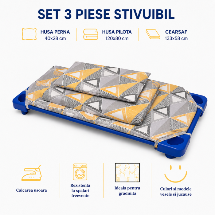 Set lenjerie 3 piese pentru patut stivuibil gradinita model triunghiuri [2]