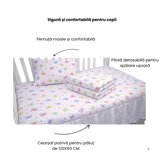 Lenjerie 5 piese pătuț creșă sau grădiniță, 120x60 cm, bumbac 100%, model Fluturași [2]