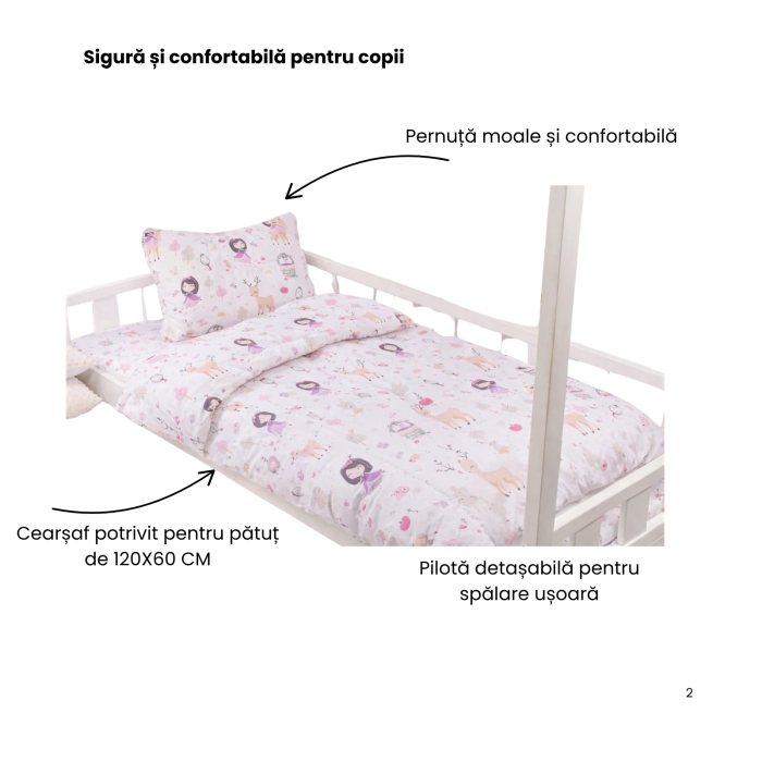 Lenjerie 5 piese pătuț creșă sau grădiniță, 120x60 cm, bumbac 100%, model Fetițe [3]