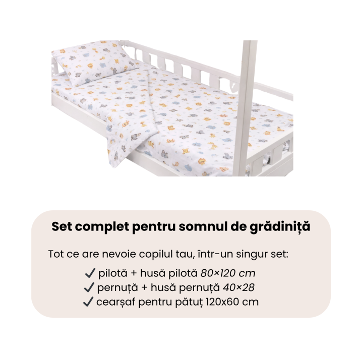 Lenjerie 5 piese pătuț creșă sau grădiniță, 120x60 cm, bumbac 100%, model Animăluțe Safari [4]