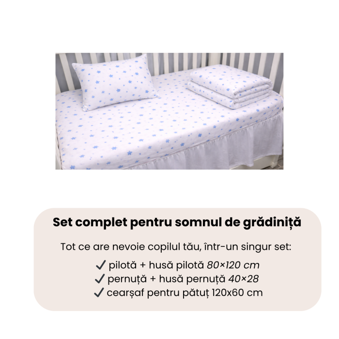 Lenjerie 5 piese pătuț creșă sau grădiniță, 120x60 cm, bumbac 100%, model Steluțe bleu [2]
