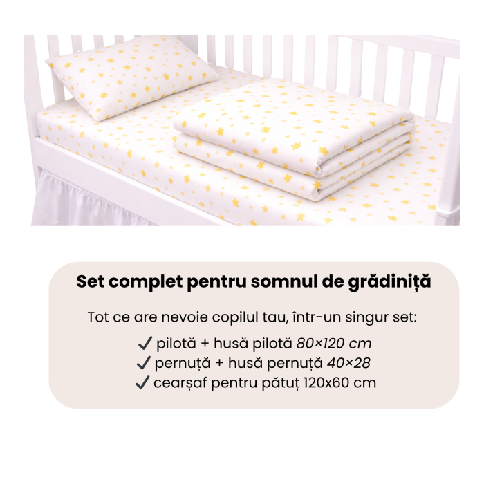 Lenjerie 5 piese pătuț creșă sau grădiniță, 120x60 cm, bumbac 100%, model Steluțe galbene [4]