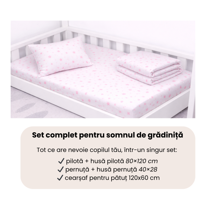 Set Lenjerie 5 piese pătuț creșă sau grădiniță, 120x60 cm, bumbac 100%, model Steluțe roz [5]