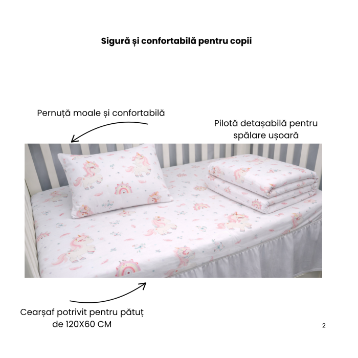 Lenjerie 5 piese pătuț creșă sau grădiniță, 120x60 cm, bumbac 100%, model Unicorni [2]