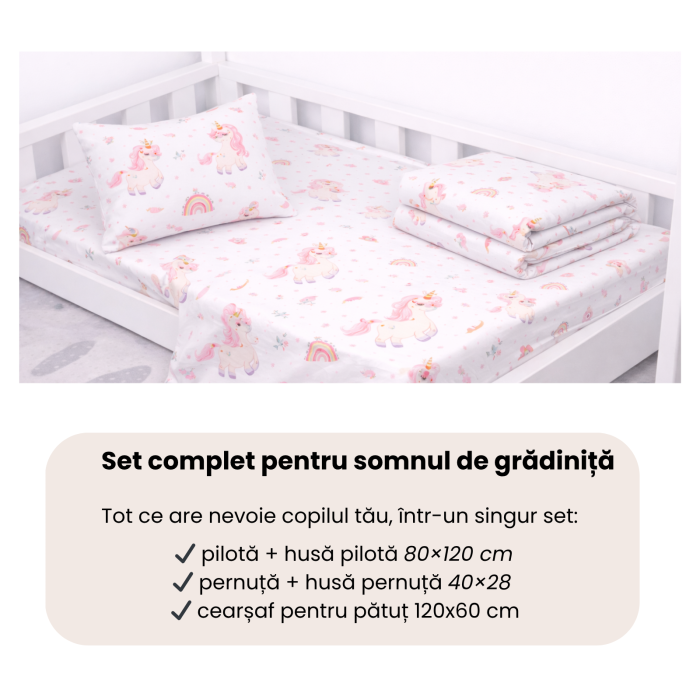 Lenjerie 5 piese pătuț creșă sau grădiniță, 120x60 cm, bumbac 100%, model Unicorni [4]
