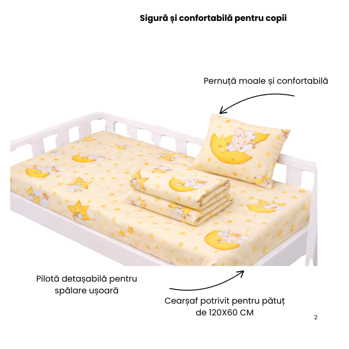 Lenjerie 5 piese pătuț creșă sau grădiniță, 120x60 cm, bumbac standard, model Ursuleti pe fond galben [4]