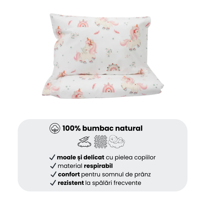 Set complet Lenjerie 5 piese patut incastrabil rabatabil bumbac 100% model unicorni roz [4]