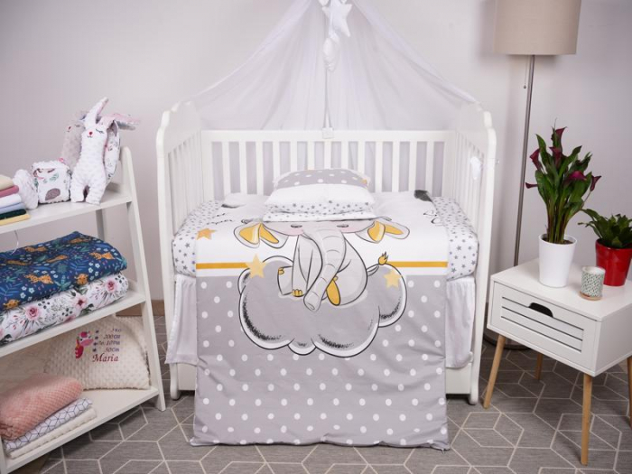 Set lenjerie 6 piese model Elefantel si stelute gri patut 140x70 cm [3]