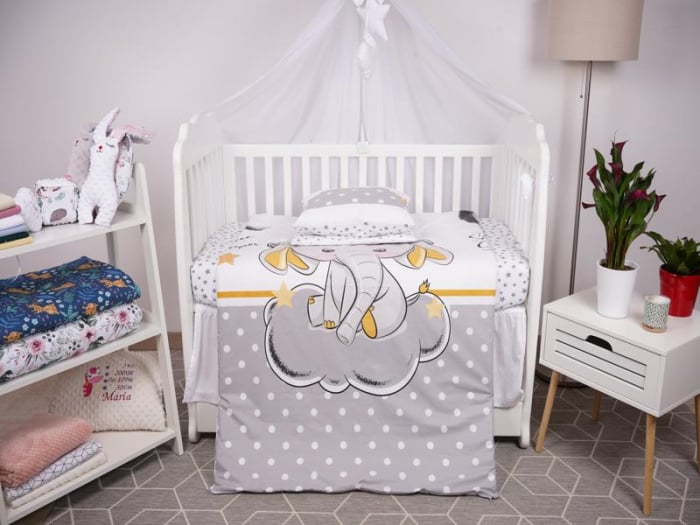 Set lenjerie 4 piese model Elefantel si stelute gri patut 140x70 cm [3]