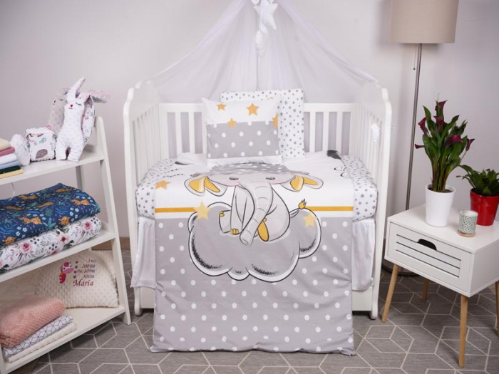 Set lenjerie 6 piese model Elefantel si stelute gri patut 140x70 cm [2]