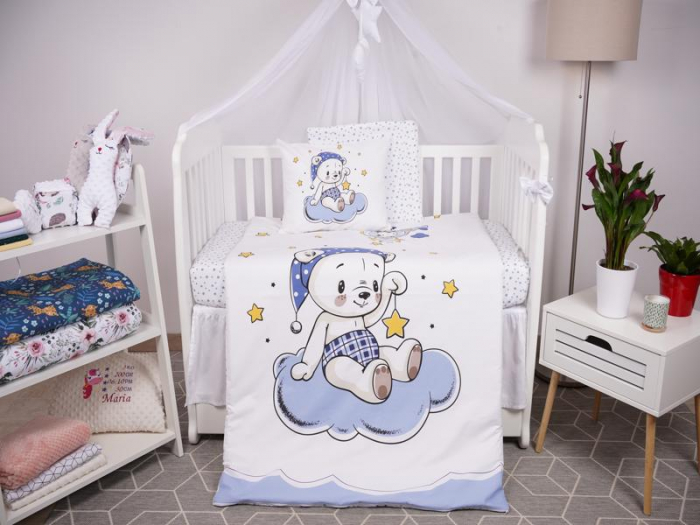 Set lenjerie 6 piese model Ursulet si stelute blue patut 140x70 cm [3]