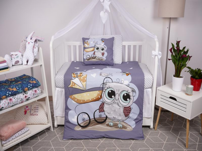 Set lenjerie 6 piese model Bufnite si bulinute gri patut 140x70 cm [2]