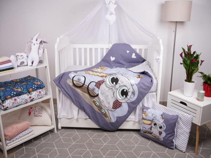 Set lenjerie 4 piese model Bufnite si bulinute gri patut 140x70 cm [1]