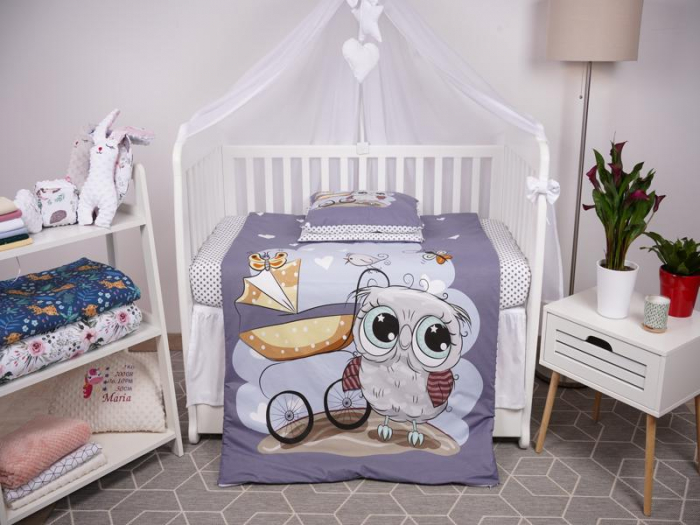 Set lenjerie 6 piese model Bufnite si bulinute gri patut 140x70 cm [3]