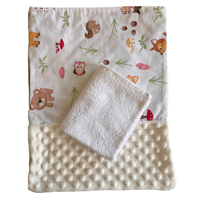 Set săculeț și prosopel grădiniță, model animăluțe și ciupercuțe și pluș minky crem [2]