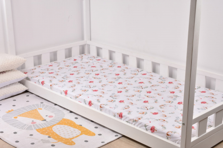 Lenjerii Pat Copii 1 Persoana - Cearsaf bumbac 100% model flori de bumbac pat casuta Montessorri 90x200 cm