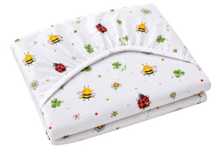 Produse individuale gradinita - Cearșaf bumbac 100%, pătuț 140x70 cm, model buburuze și albinuțe