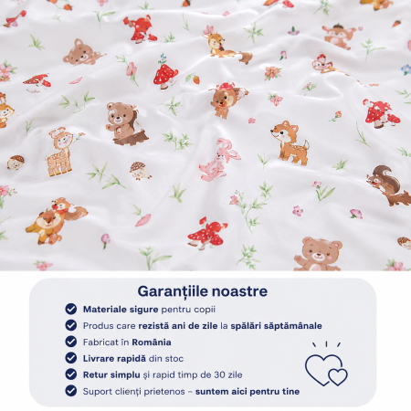 Cearșaf bumbac 100%, pătuț incastrabil grădiniță 140x60 cm, model cu animăluțe și ciupercuțe [3]