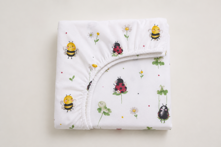 Cearșaf bumbac 100%, pătuț incastrabil grădiniță 140x60 cm, model cu buburuze și albinuțe